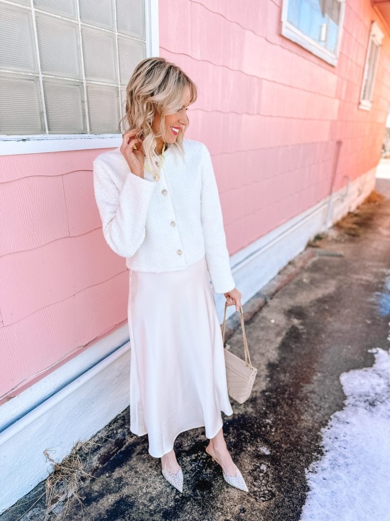 Blush Satin Skirt with Textured Knit Jacket Blush Satin Skirt with Textured Knit Jacket — Classy Slip Skirt Outfits