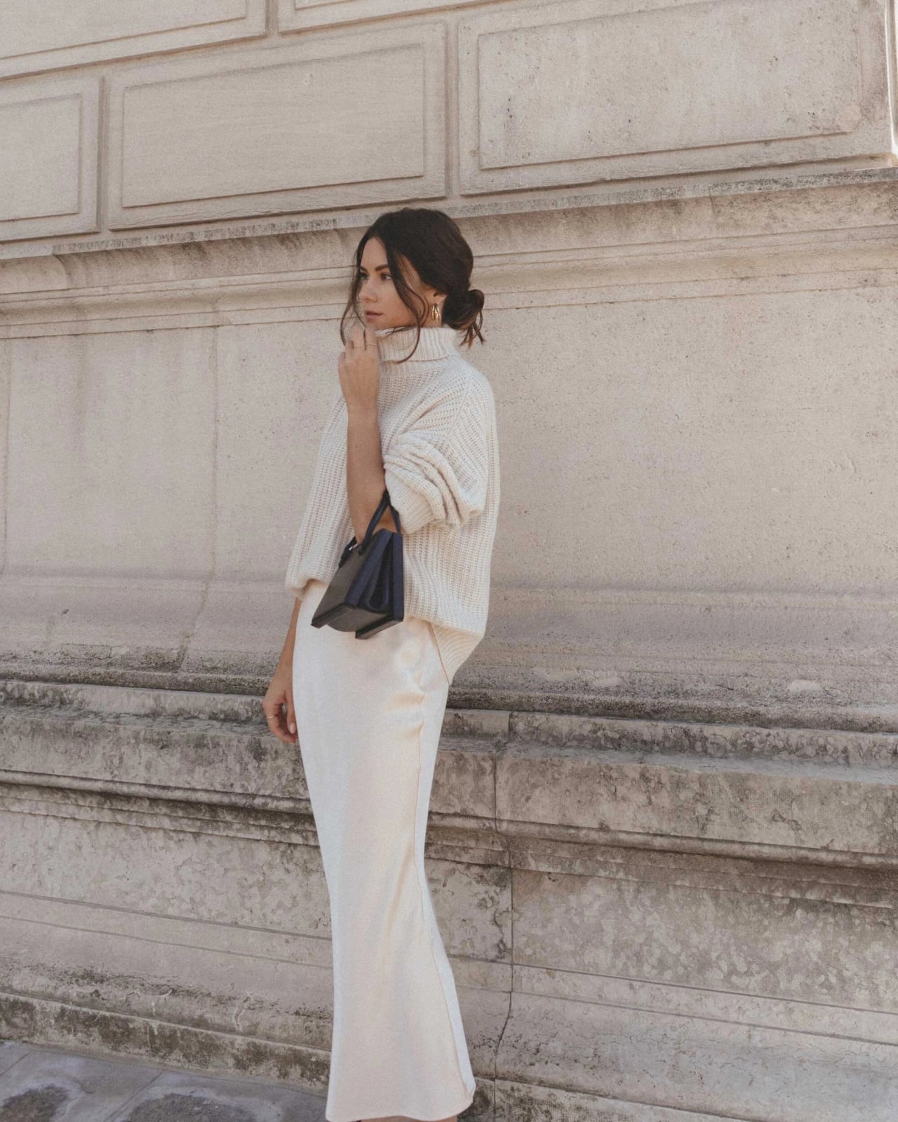 Monochromatic Cream Knit and Satin Skirt Monochromatic Cream Knit and Satin Skirt — Classy Slip Skirt Outfits