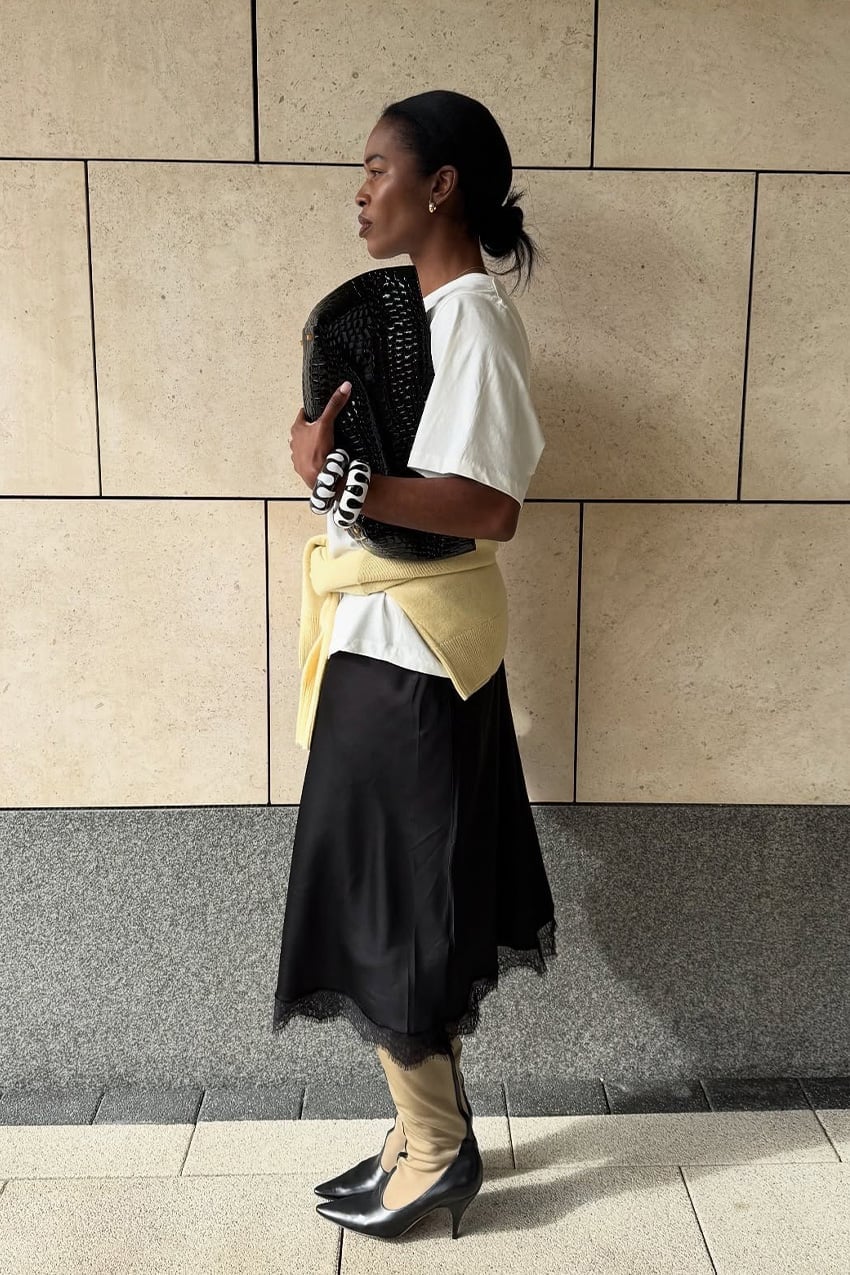 Black Lace Trim Midi Skirt with Yellow Sweater Black Lace Trim Midi Skirt with Yellow Sweater — Classy Slip Skirt Outfits