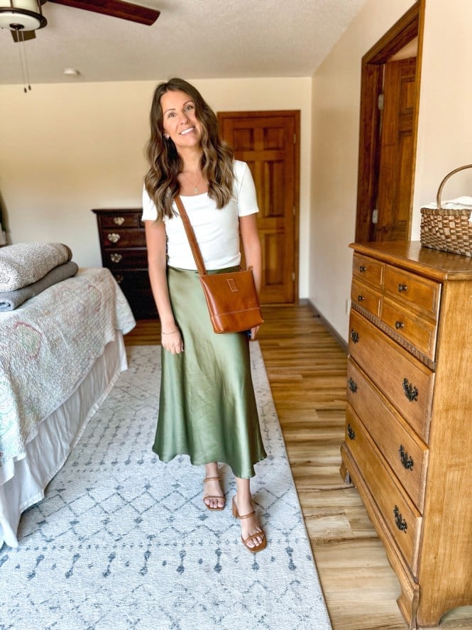 Olive Green Satin Skirt with White T-Shirt Olive Green Satin Skirt with White T-Shirt — Classy Slip Skirt Outfits