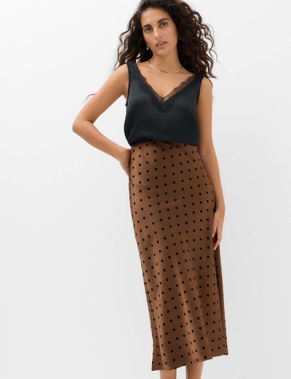 Brown Polka Dot Skirt with Black Camisole Brown Polka Dot Skirt with Black Camisole — Classy Slip Skirt Outfits
