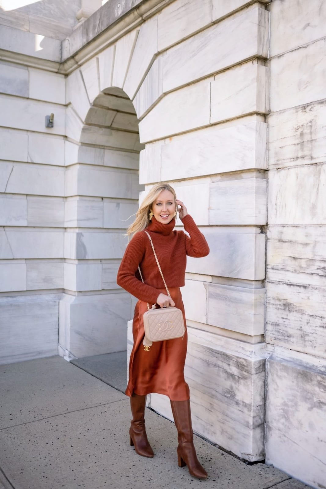 Rust Satin Skirt with Cropped Turtleneck and Boots Rust Satin Skirt with Cropped Turtleneck and Boots — Classy Slip Skirt Outfits