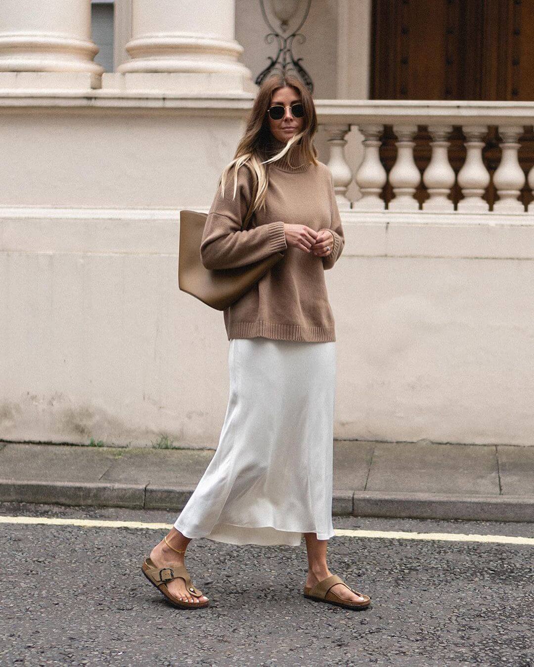 White Silk Slip Skirt with Brown Turtleneck White Silk Slip Skirt with Brown Turtleneck — Classy Slip Skirt Outfits