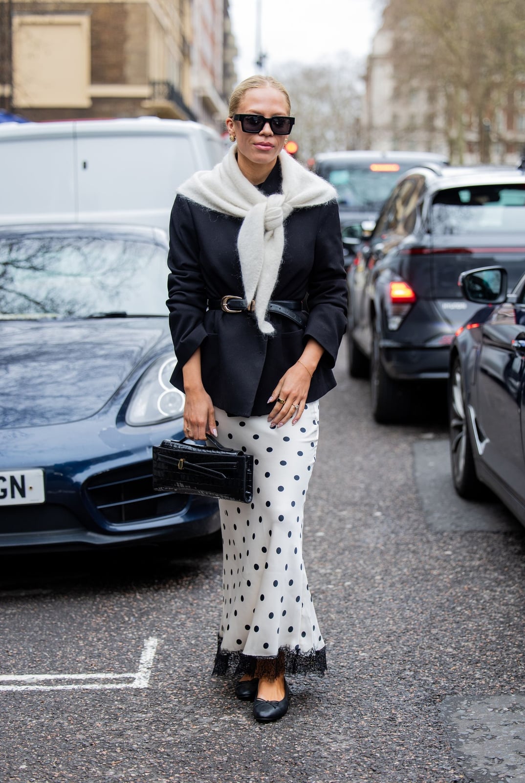 Polka Dot Skirt with Black Blazer and Scarf Polka Dot Skirt with Black Blazer and Scarf — Classy Slip Skirt Outfits