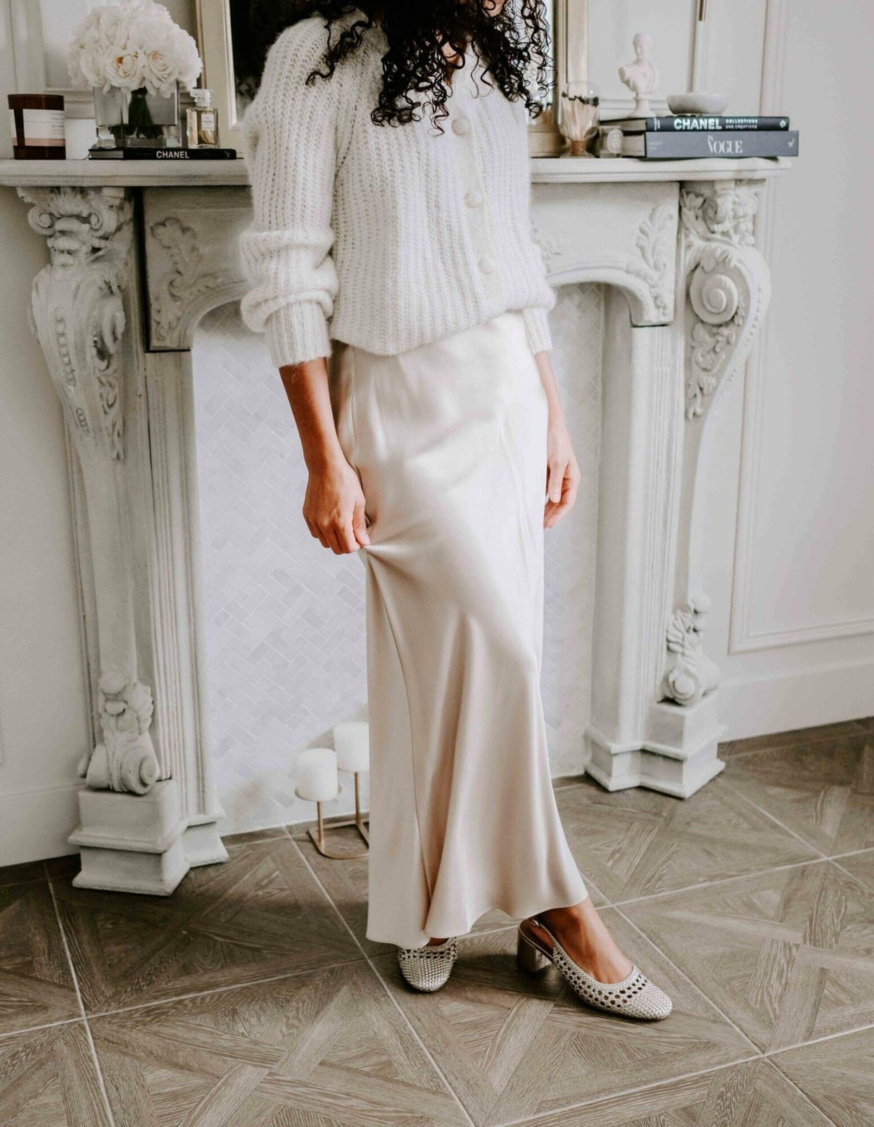 Cream Satin Skirt with Chunky Knit Cardigan Cream Satin Skirt with Chunky Knit Cardigan — Classy Slip Skirt Outfits