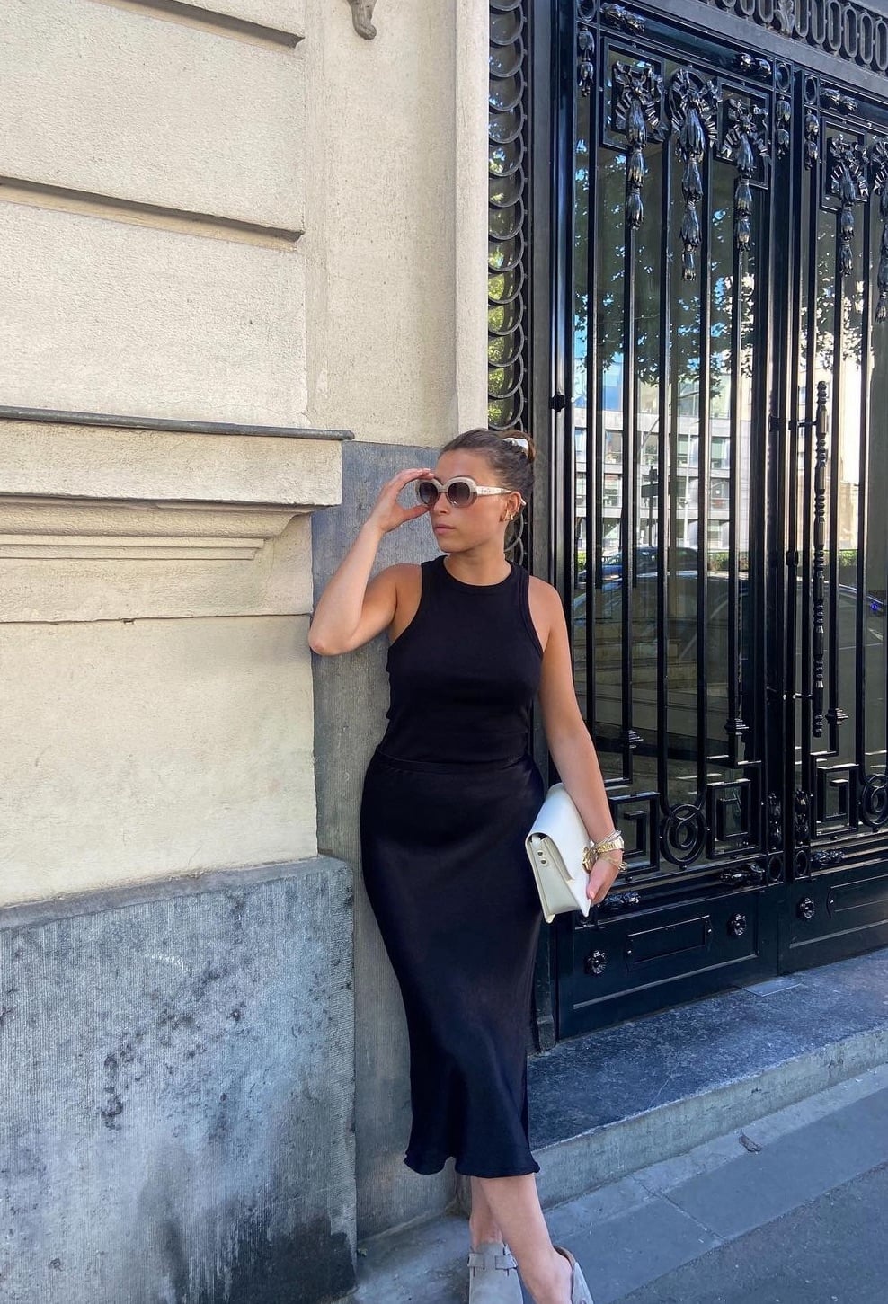Black Satin Midi Skirt with Sleeveless Top Black Satin Midi Skirt with Sleeveless Top — Classy Slip Skirt Outfits
