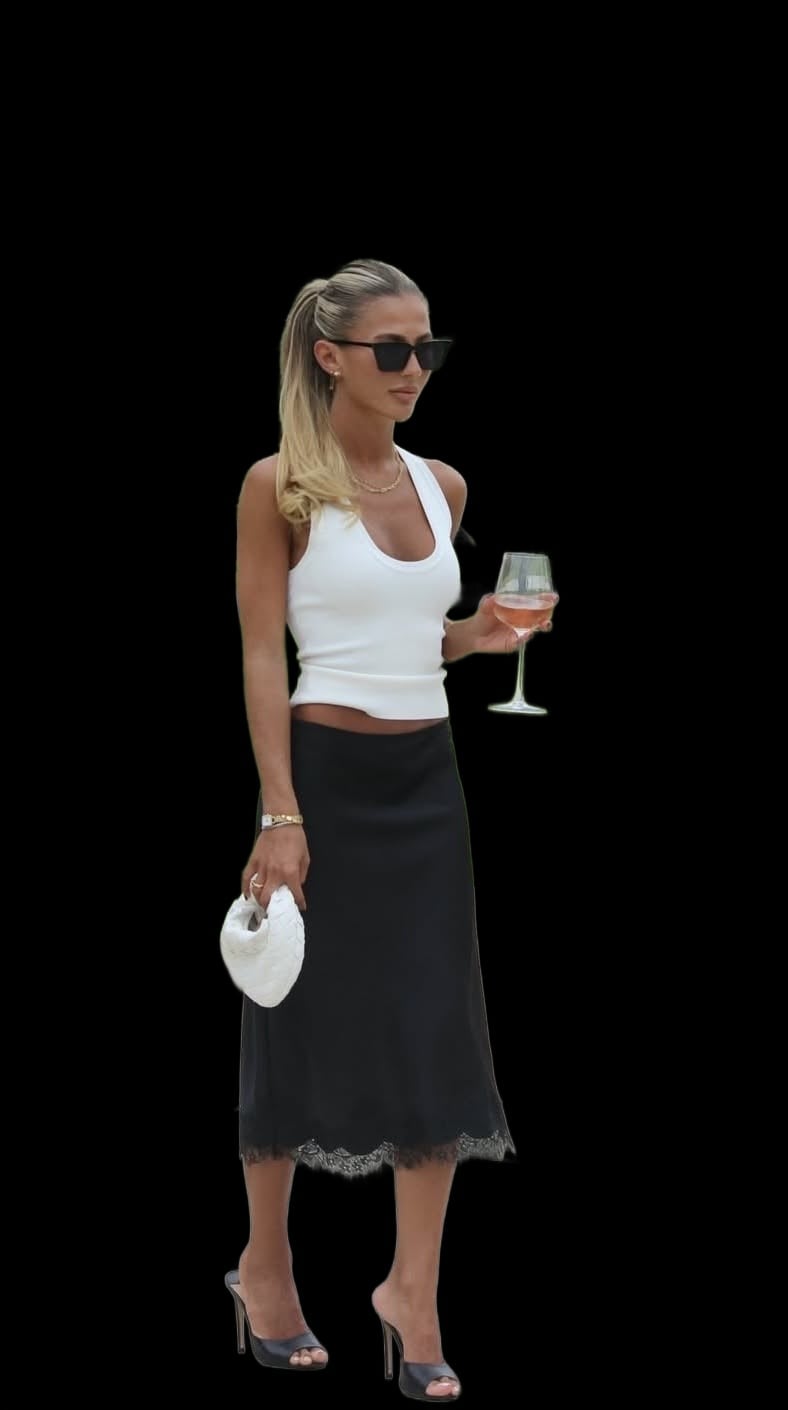 Black Lace Trim Slip Skirt with Halter Top Black Lace Trim Slip Skirt with Halter Top — Classy Slip Skirt Outfits