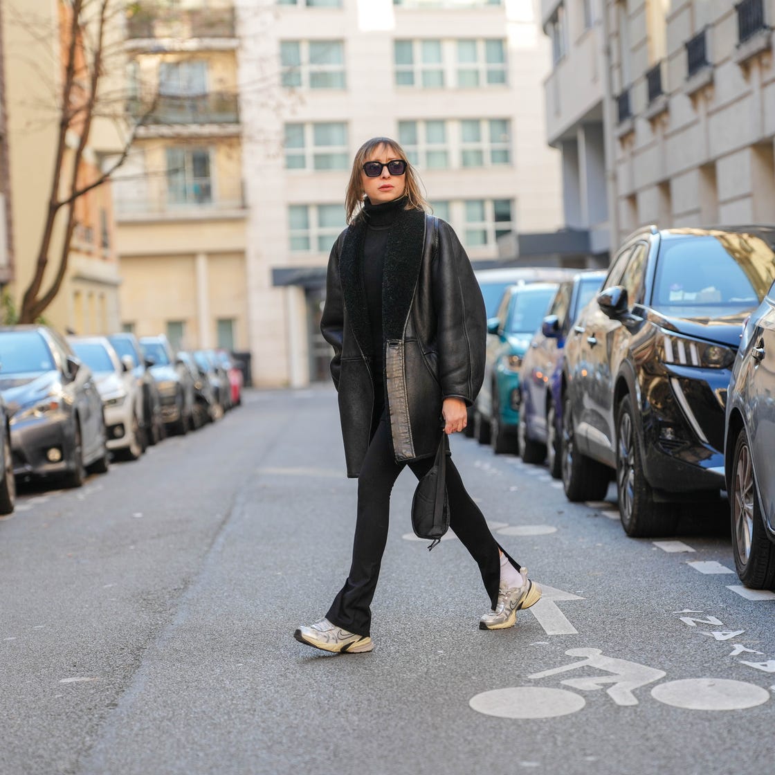 Chunky Sneakers With Leather Coat Chunky Sneakers With Leather Coat — Classy Sneakers Outfits