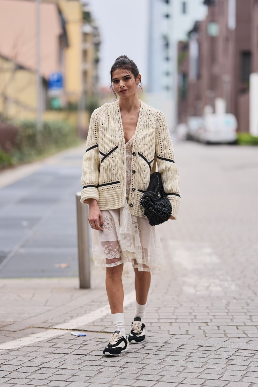 Lace Slip Dress With Knit Cardigan And Sneakers Lace Slip Dress With Knit Cardigan And Sneakers — Classy Sneakers Outfits