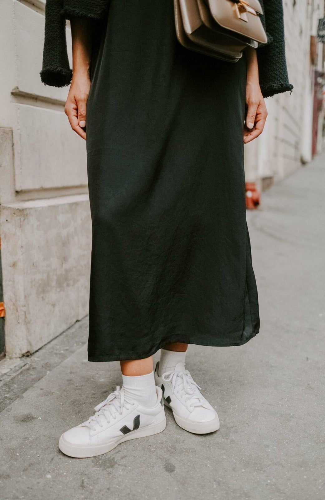 White Sneakers With Black Satin Midi Dress White Sneakers With Black Satin Midi Dress — Classy Sneakers Outfits