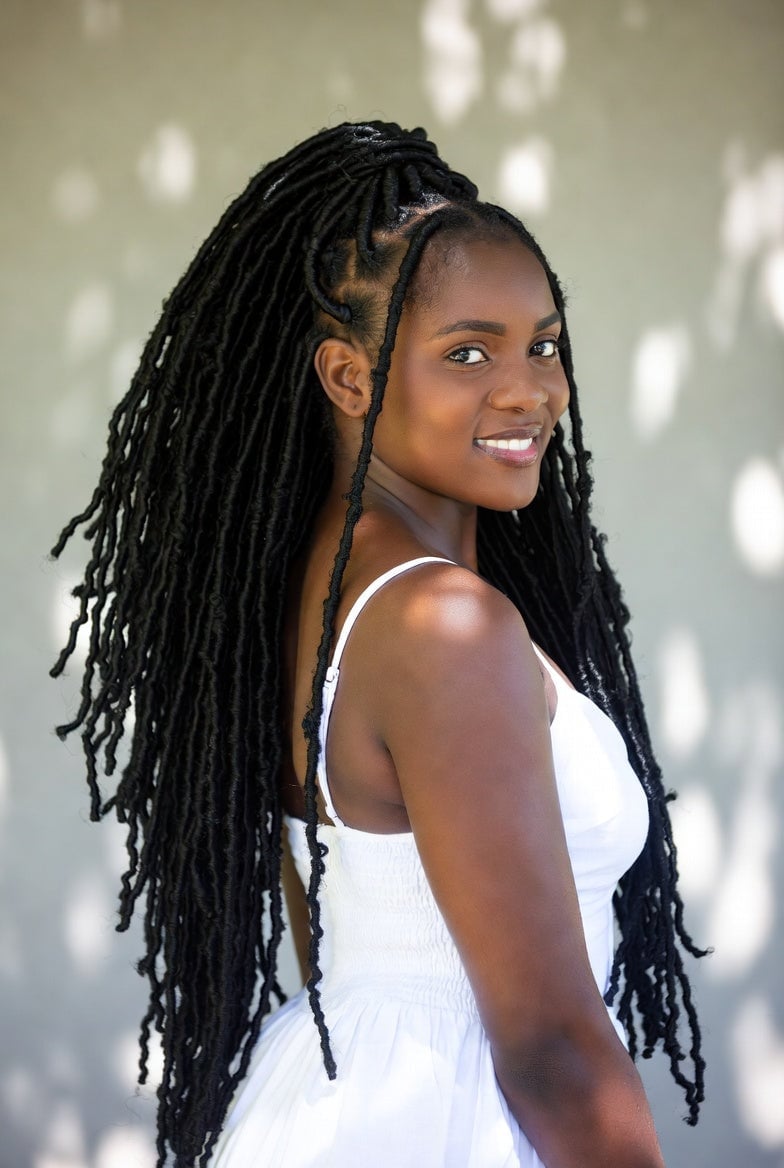 Mid-Back Black Faux Locs High Ponytail — Classy Soft Locs Hairstyles