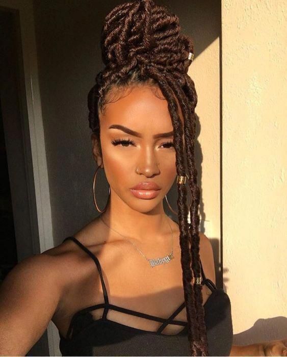Dark Brown Faux Locs High Bun Flow — Classy Soft Locs Hairstyles