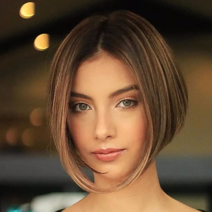 Chin Bob With Side-Swept Bangs and Brown With Balayage — Classy Stacked Bob