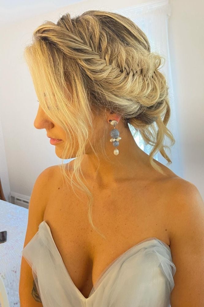 Wavy Blonde Braided Updo With Face-Framing Pieces — Classy Strapless Dresses Hairstyles