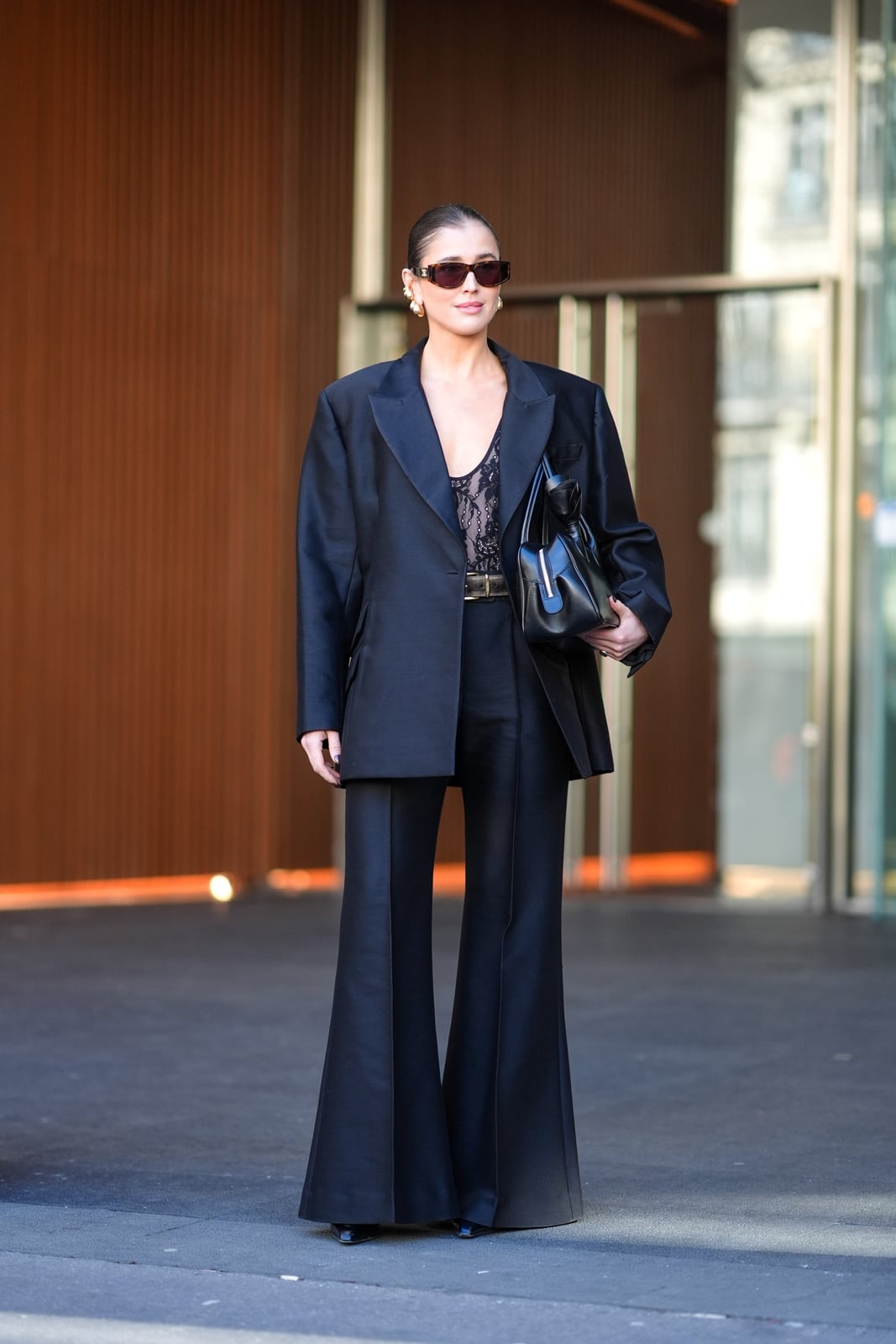 Monochromatic Black Blazer and Flared Trousers — Classy Street Style Outfits