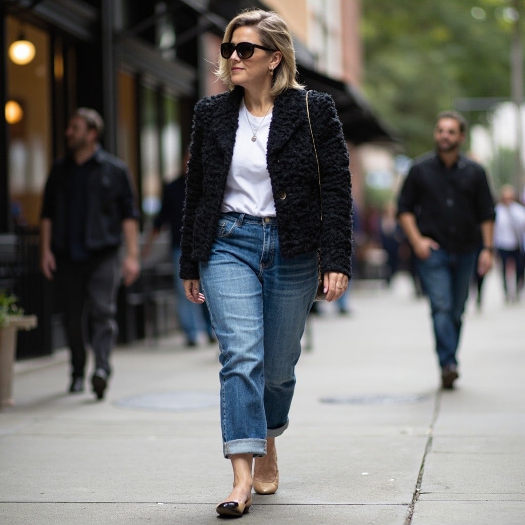 Textured Jacket Elevates Casual Denim — Classy Street Style Outfits