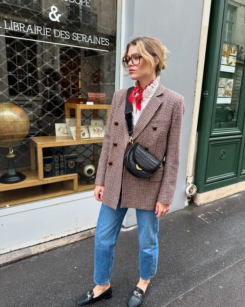 Checked Blazer with Red Scarf for a Preppy Touch — Classy Street Style Outfits