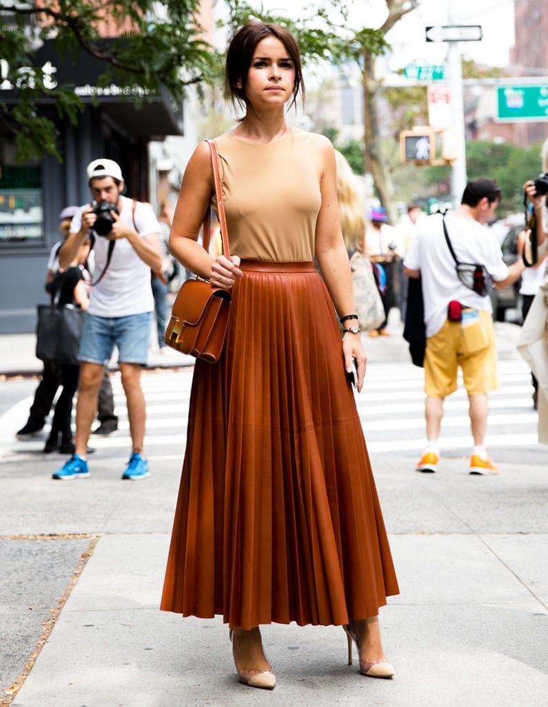 Pleated Midi Skirt in Rust Orange — Classy Street Style Outfits