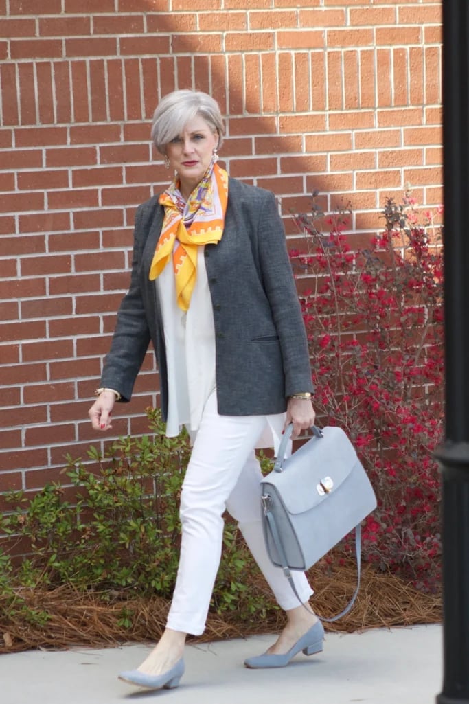 Grey Blazer and White Trousers with Vibrant Scarf — Classy Street Style Outfits