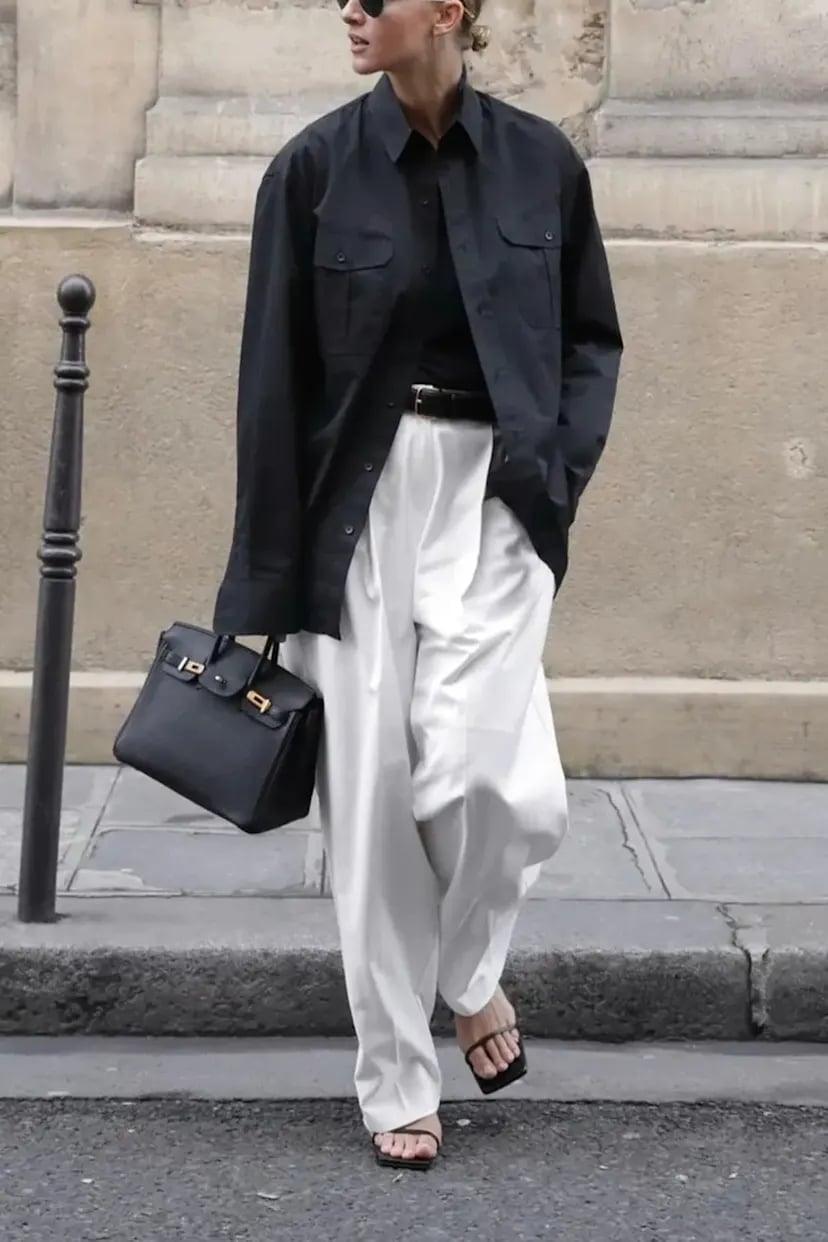 Monochromatic Black and White with Satin Trousers — Classy Street Style Outfits