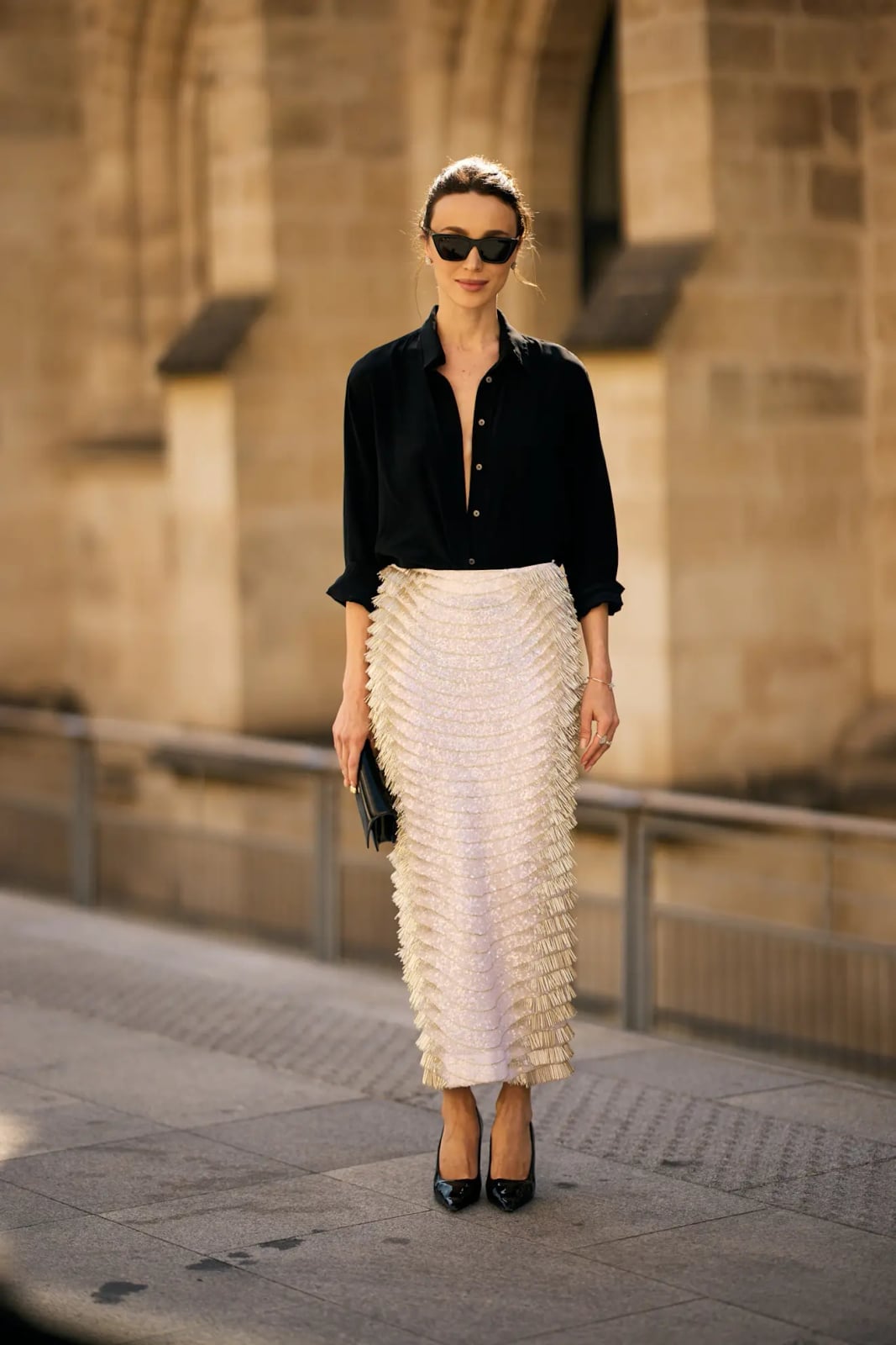 Cream Midi Skirt with Black Button-Up Shirt — Classy Street Style Outfits