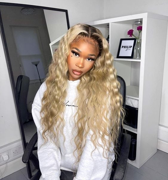 Mid-Back Ash Blonde With Dark Roots Mid-Back Ash Blonde With Dark Roots — Classy Styling Wig