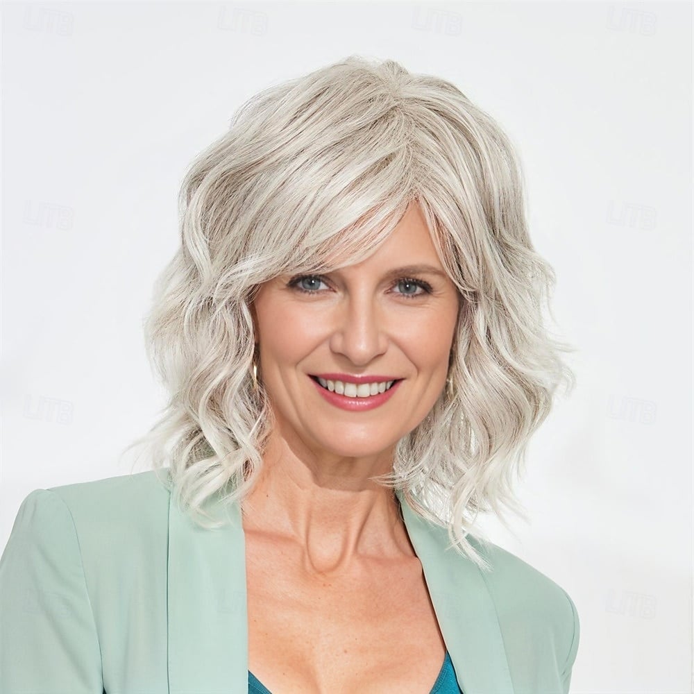 Silver Grey Wavy Bob With Side Swept Bangs Silver Grey Wavy Bob With Side Swept Bangs — Classy Styling Wig