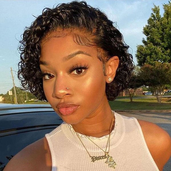 Curly Black Pixie Bob With Wispy Bangs Curly Black Pixie Bob With Wispy Bangs — Classy Styling Wig