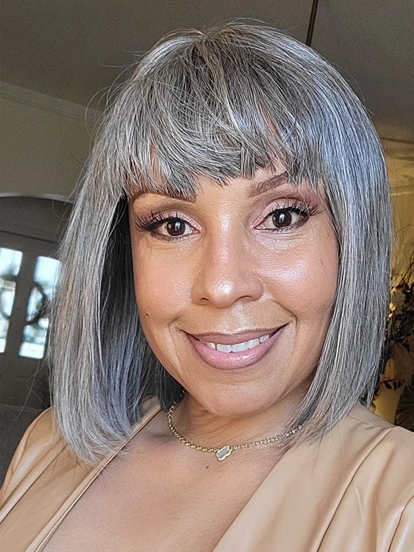 Salt And Pepper Bob With Blunt Bangs Salt And Pepper Bob With Blunt Bangs — Classy Styling Wig