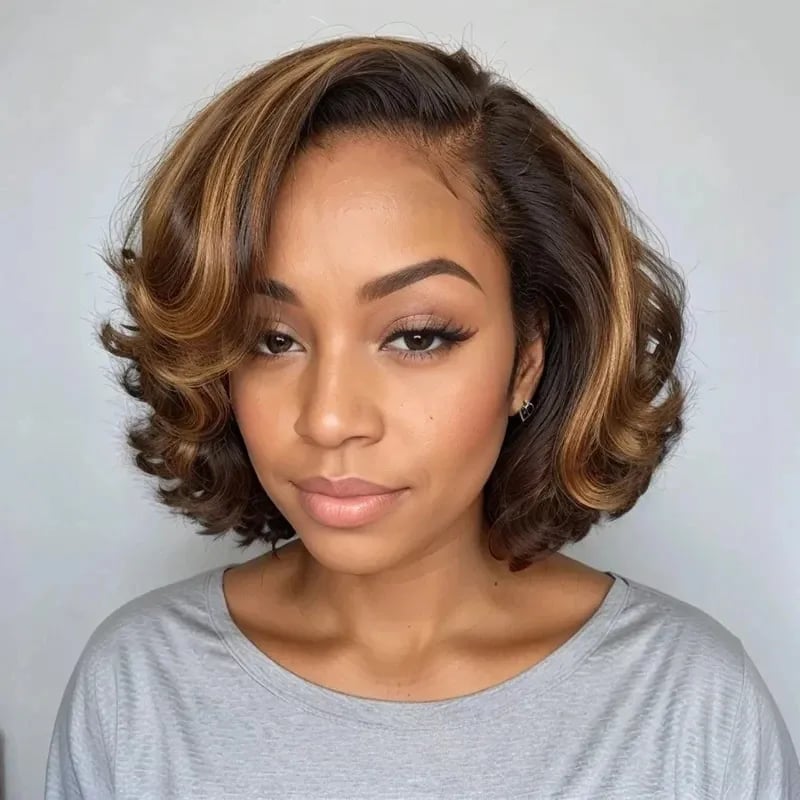 Dark Brown Bob With Caramel Highlights Dark Brown Bob With Caramel Highlights — Classy Styling Wig