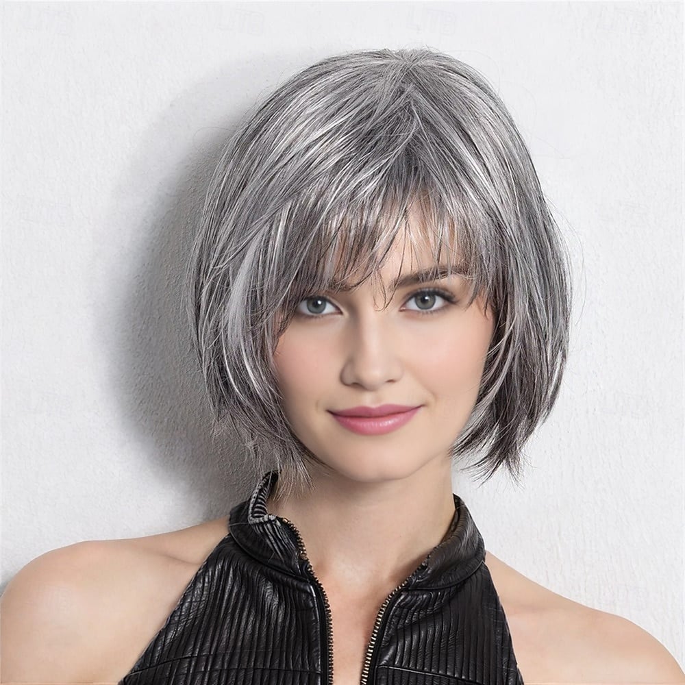 Silver Grey Bob With Blunt Bangs Silver Grey Bob With Blunt Bangs — Classy Styling Wig