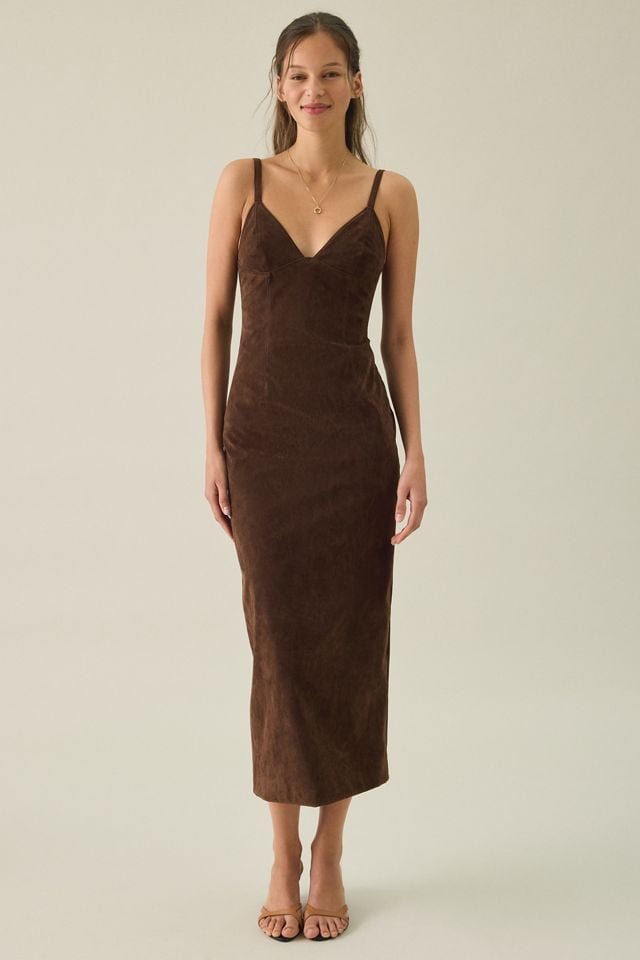 Dark Brown Vegan Suede Fitted Midi Dress Dark Brown Vegan Suede Fitted Midi Dress — Classy Suede Dress