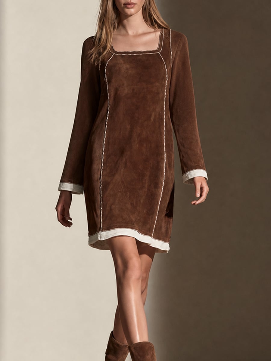 Brown Faux Suede A-line Mini Dress with Contrast Stitching Brown Faux Suede A-line Mini Dress with Contrast Stitching — Classy Suede Dress