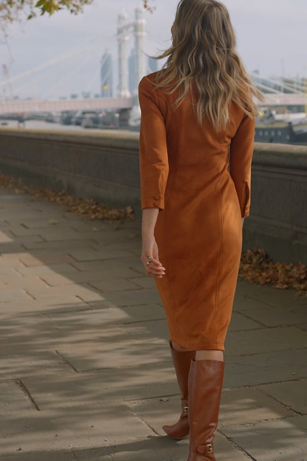 Tan Faux Suede Fitted Midi Dress with Three-Quarter Sleeves Tan Faux Suede Fitted Midi Dress with Three-Quarter Sleeves — Classy Suede Dress