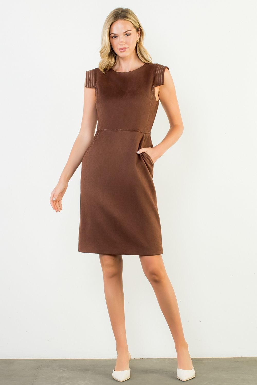 Brown Suede Shift Dress with Cap Sleeves and Pockets Brown Suede Shift Dress with Cap Sleeves and Pockets — Classy Suede Dress