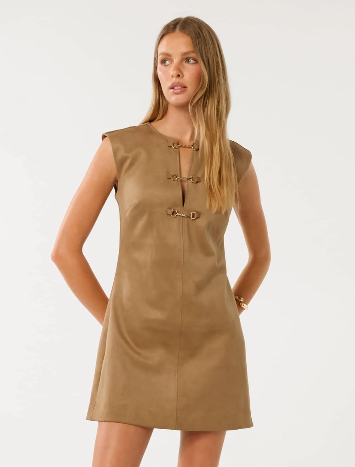 Brown Faux Suede Mini Dress with Smocked Waist and Snaffle Detail Brown Faux Suede Mini Dress with Smocked Waist and Snaffle Detail — Classy Suede Dress