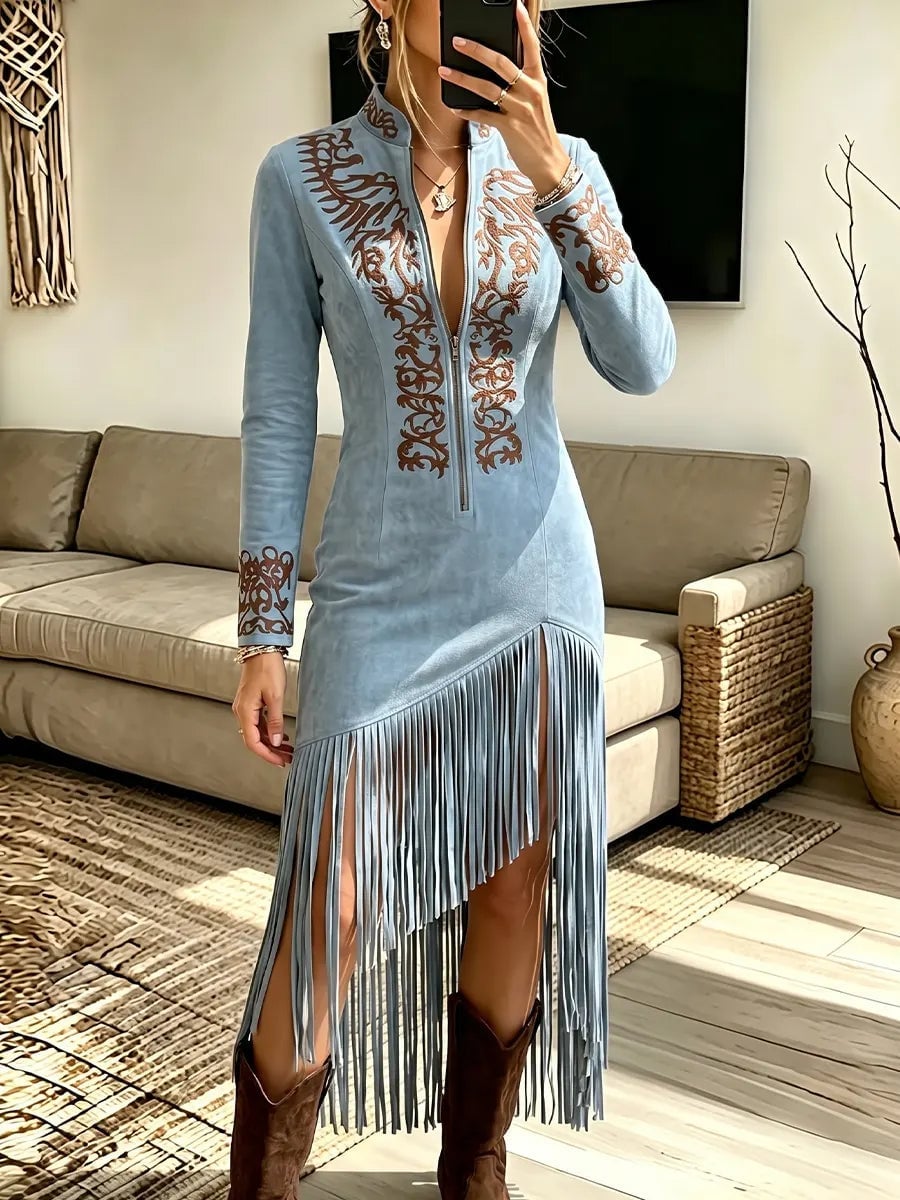 Light Blue Suede Long Sleeve Dress with Fringe Hem Light Blue Suede Long Sleeve Dress with Fringe Hem — Classy Suede Dress