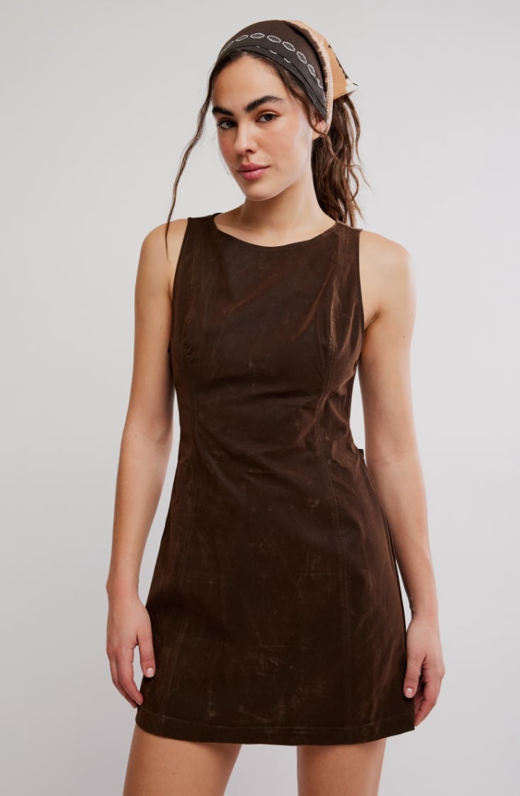 Brown Suede Sleeveless Mini Shift Dress with Ankle Boots Brown Suede Sleeveless Mini Shift Dress with Ankle Boots — Classy Suede Dress