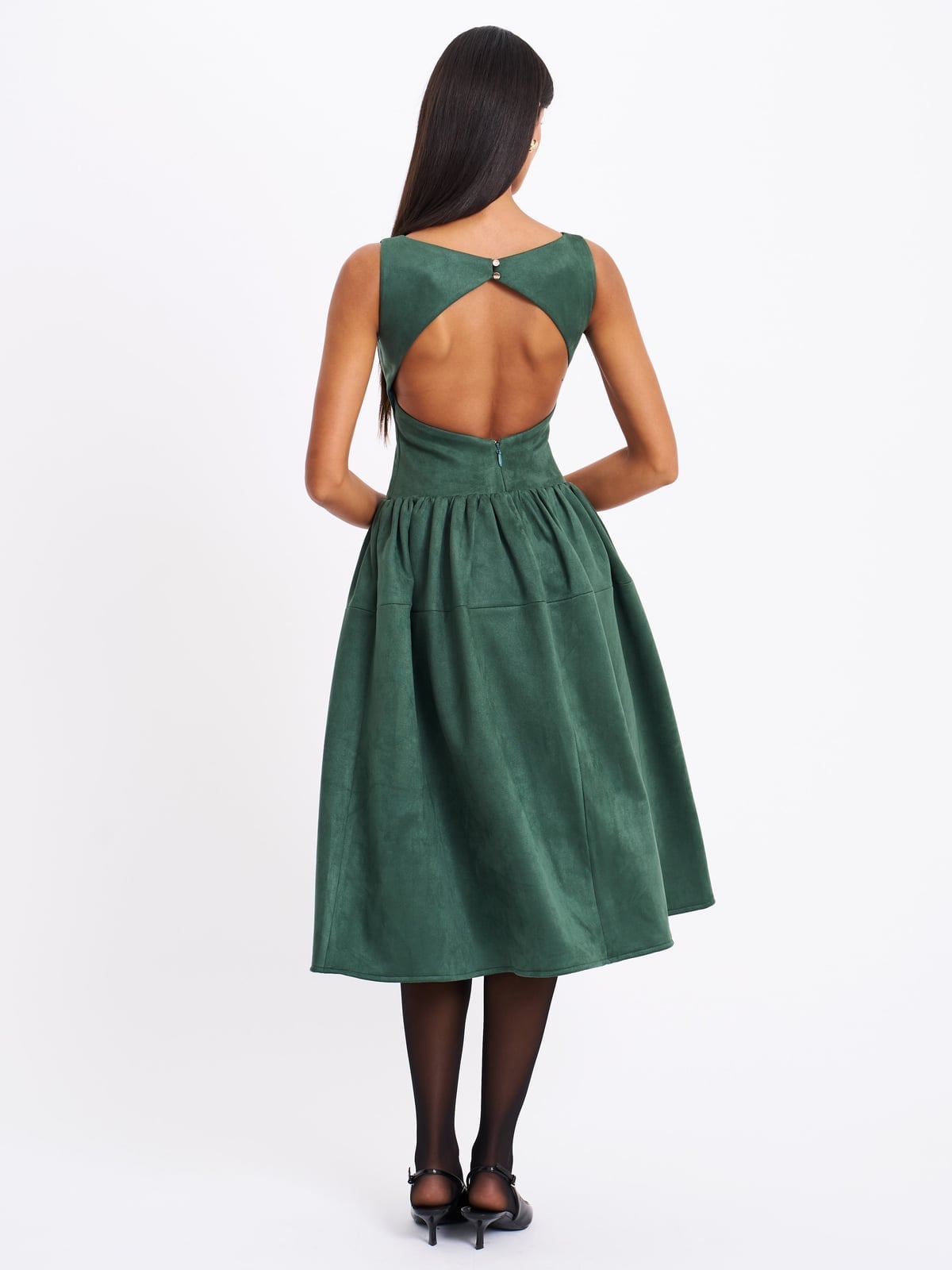 Deep Green Suede Backless Midi Dress with A-line Skirt Deep Green Suede Backless Midi Dress with A-line Skirt — Classy Suede Dress
