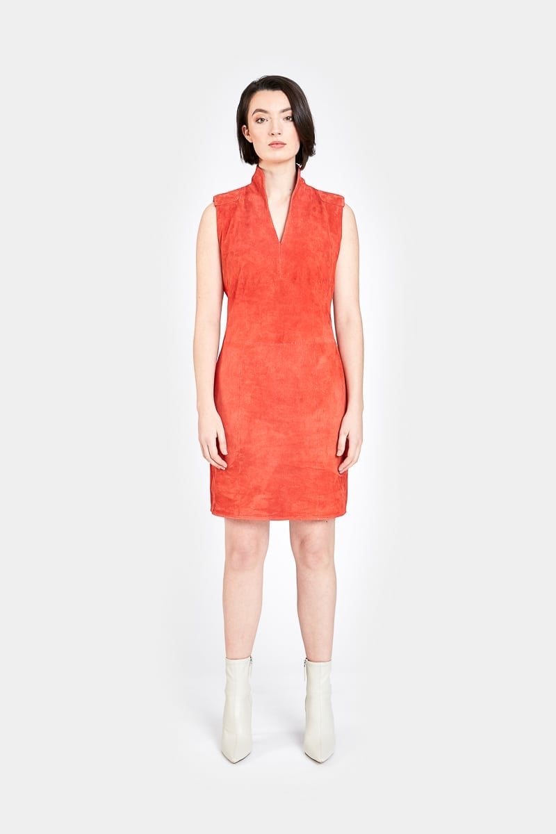 Vibrant Red Fitted Sleeveless Suede Mini Dress Vibrant Red Fitted Sleeveless Suede Mini Dress — Classy Suede Dress