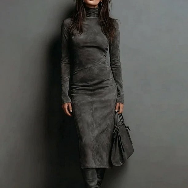 Monochromatic Gray Fitted Turtleneck Midi Suede Dress Monochromatic Gray Fitted Turtleneck Midi Suede Dress — Classy Suede Dress