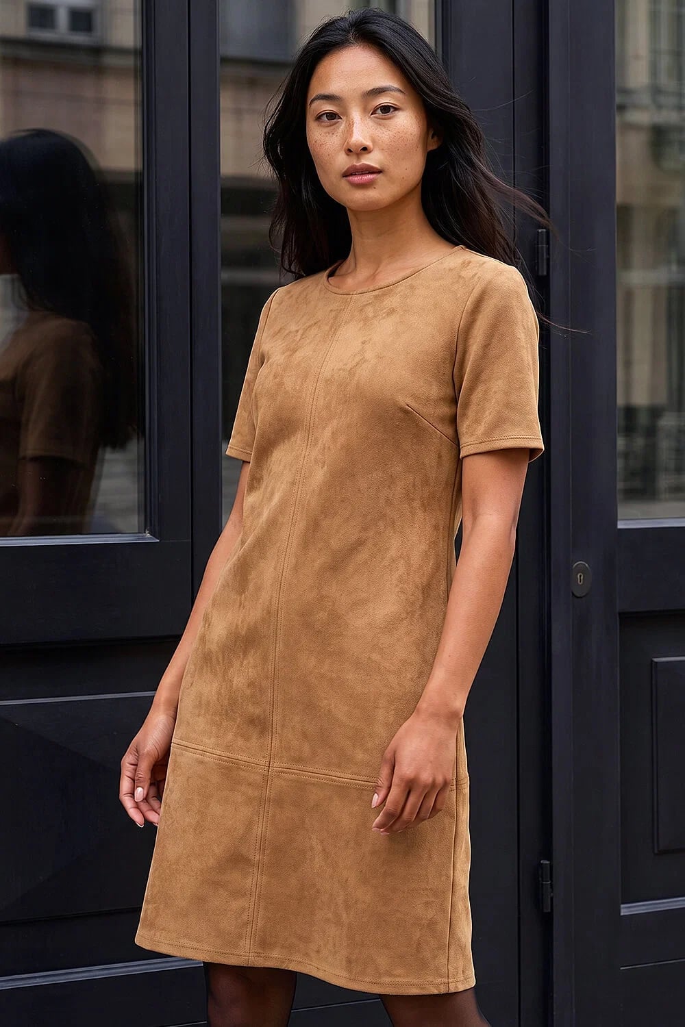 Tan Faux Suede Shift Mini Dress with Stitching Tan Faux Suede Shift Mini Dress with Stitching — Classy Suede Dress