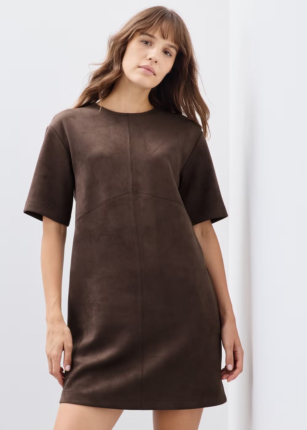 Chocolate Brown Suedette Mini Shift Dress with Panels Chocolate Brown Suedette Mini Shift Dress with Panels — Classy Suede Dress