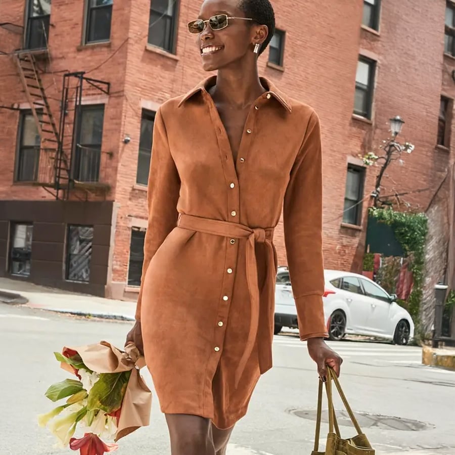 Tan Brown Long Sleeve Suede Shirt Dress with Tie Waist Tan Brown Long Sleeve Suede Shirt Dress with Tie Waist — Classy Suede Dress