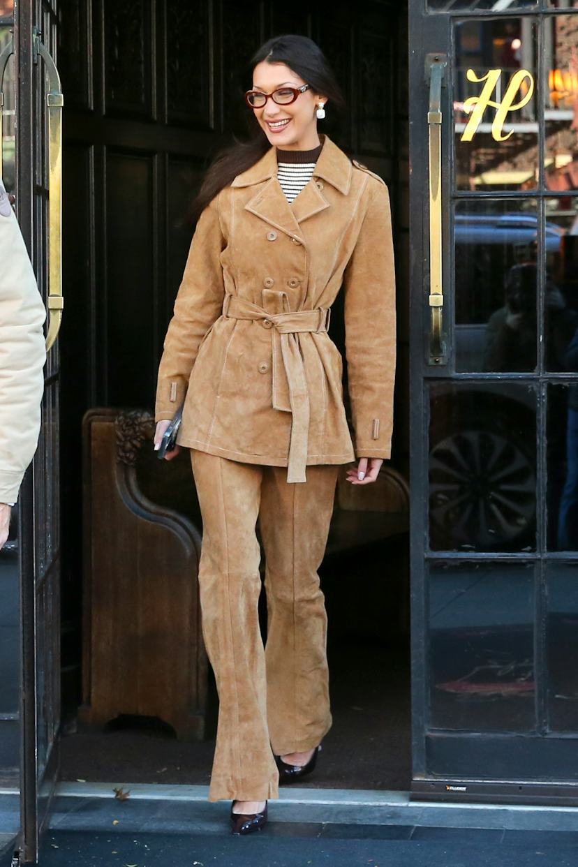 Tan Suede Safari Jacket and Flared Trousers Matching Set — Classy Suede Jacket Outfits