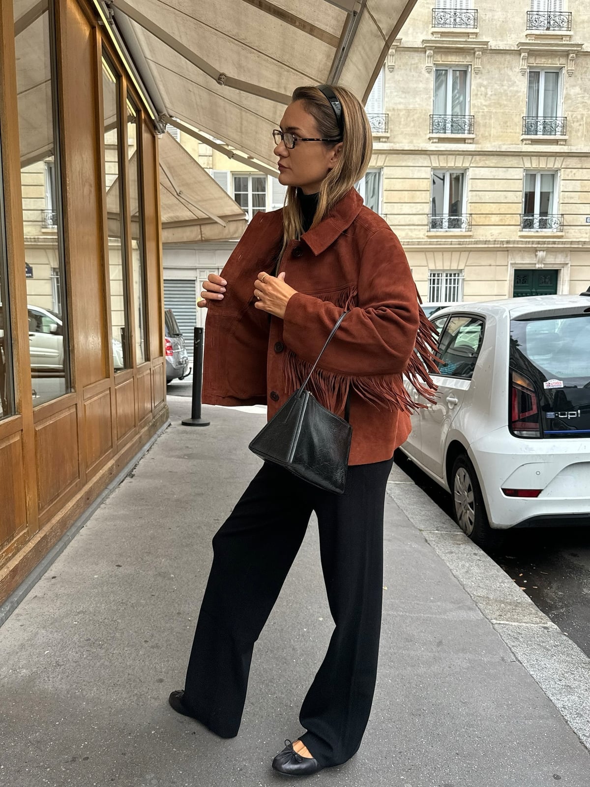 Rust Brown Suede Fringe Jacket with Black Turtleneck and Wide-Leg — Classy Suede Jacket Outfits