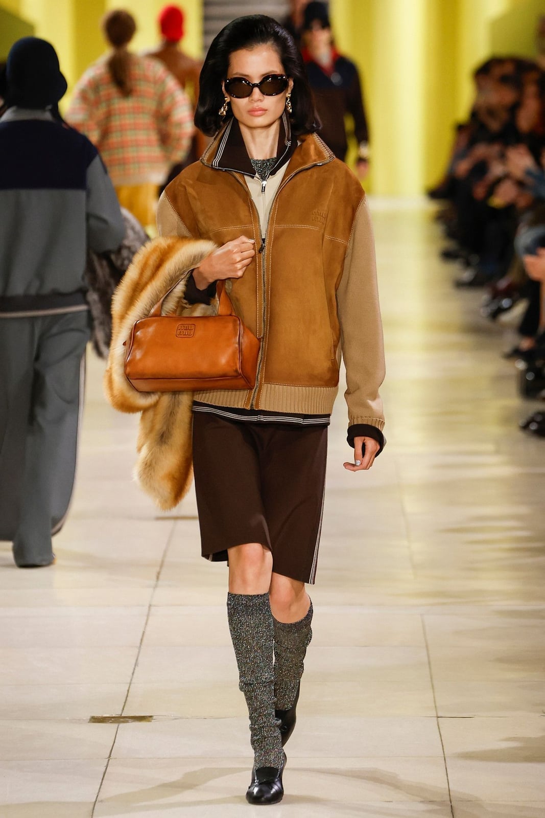 Two-Tone Suede Bomber Jacket with Shearling Trim Over Collared Shirt — Classy Suede Jacket Outfits