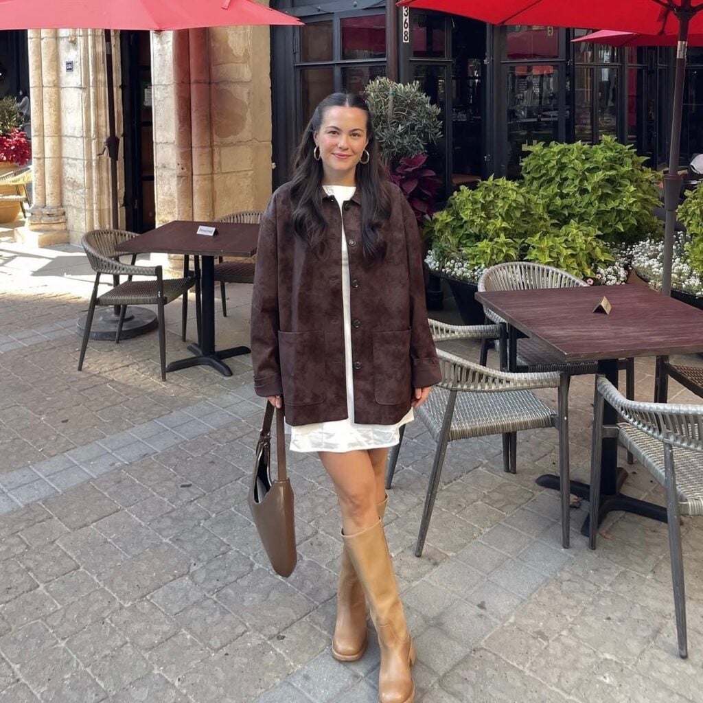 Oversized Brown Suede Jacket with White Mini Dress and Knee-High Boots — Classy Suede Jacket Outfits