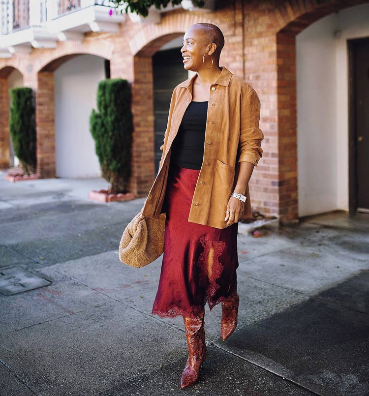 Brown Suede Shirt Jacket Over Black Tank and Satin Slip Skirt — Classy Suede Jacket Outfits