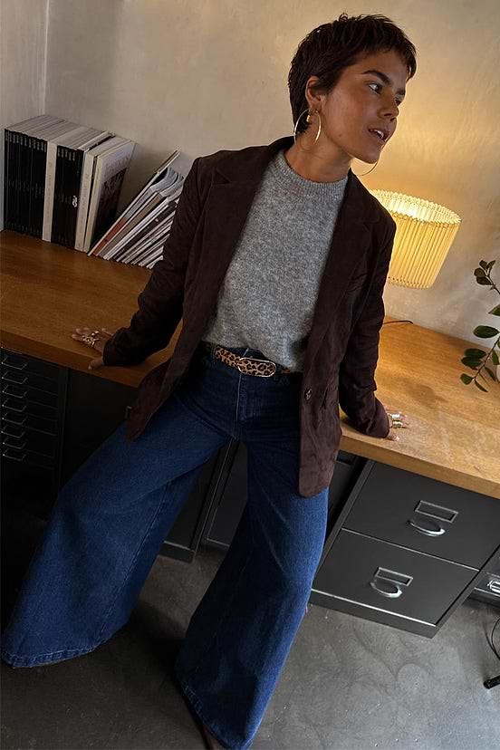 Brown Suede Blazer with Grey Sweater and Wide-Leg Jeans — Classy Suede Jacket Outfits